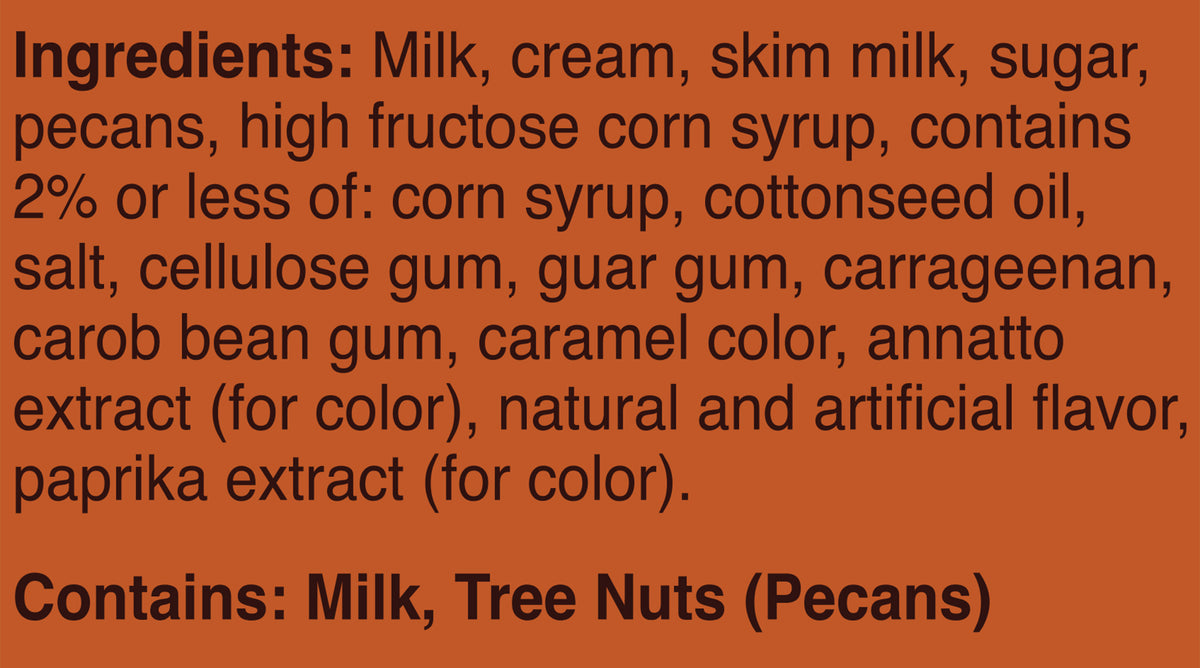 Blue Bell Buttered Pecan Ice Cream Half Gallons Ingredient Listing and Allergens stating 'Contains: Milk, Tree Nuts (Pecans).'