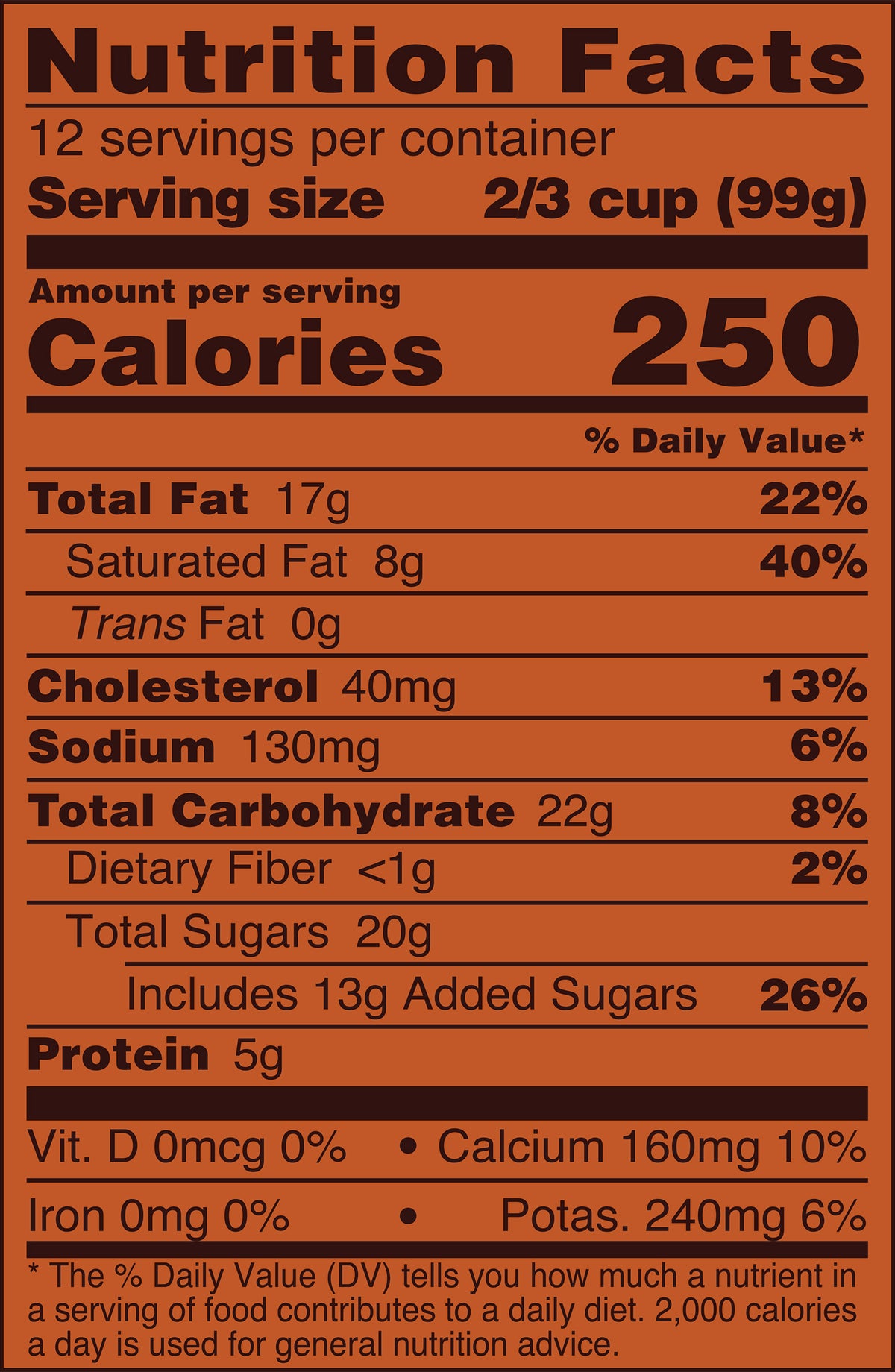 Blue Bell Buttered Pecan Ice Cream Half Gallons Nutrition Facts label showing a serving size of 2/3 cup (99g) with 250 calories, listing nutrients such as total fat, cholesterol, sodium, and protein per serving.
