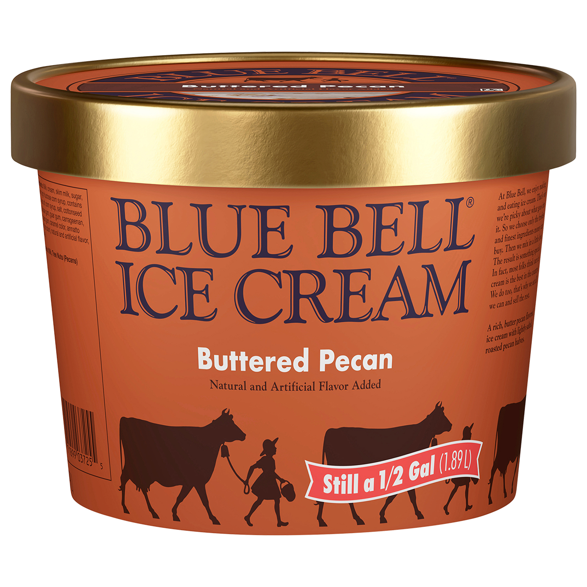 Half gallon of Blue Bell Buttered Pecan ice cream in brown carton and gold lid