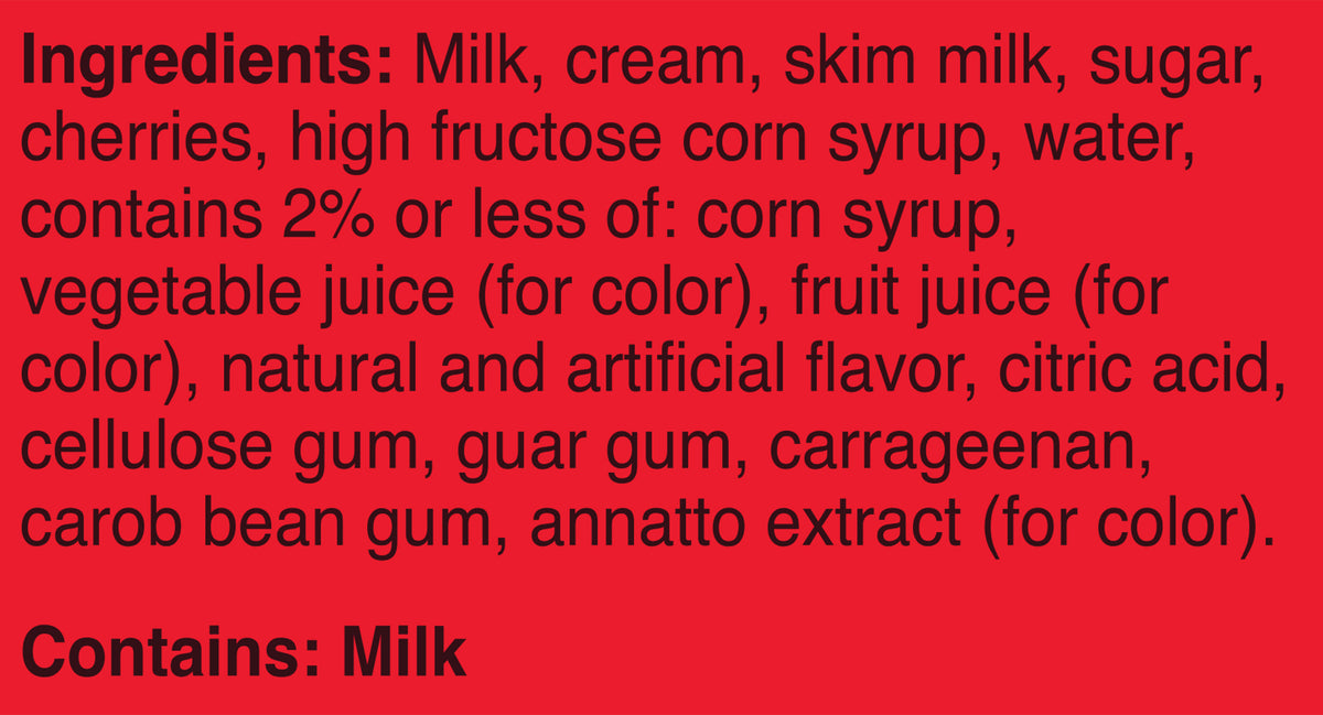 Blue Bell Cherry Vanilla Ice Cream Half Gallons Ingredient Listing and Allergens stating 'Contains: Milk.'