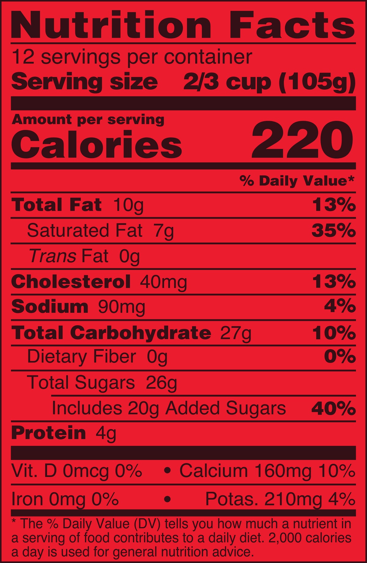Blue Bell Cherry Vanilla Ice Cream Half Gallons Nutrition Facts label showing a serving size of 2/3 cup (105g) with 220 calories, listing nutrients such as total fat, cholesterol, sodium, and protein per serving.