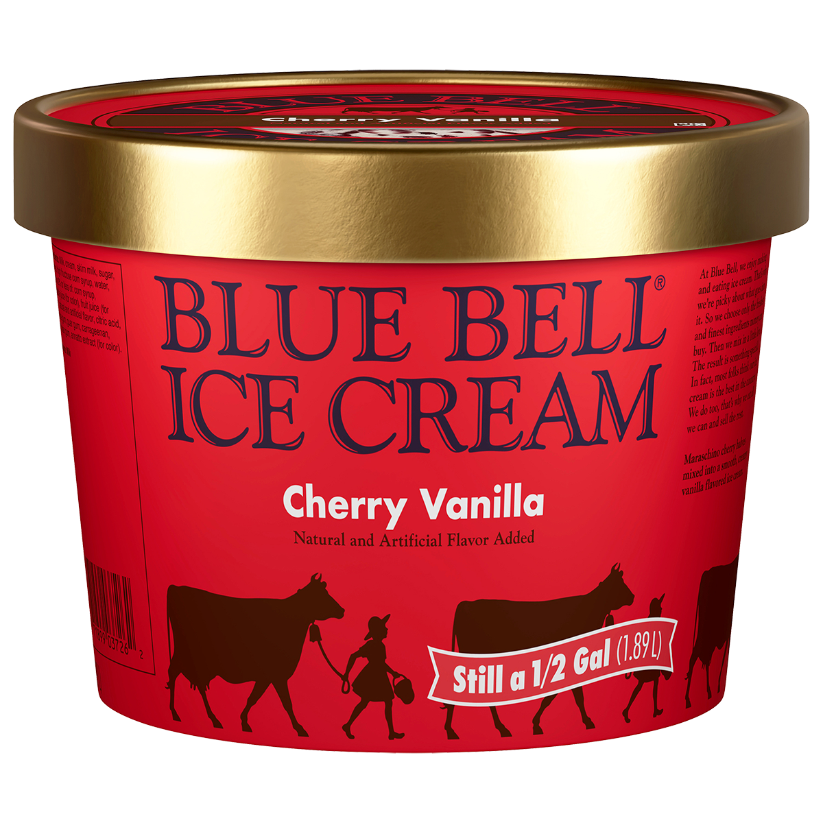 Half gallon of Blue Bell Cherry Vanilla ice cream in red carton with gold lid