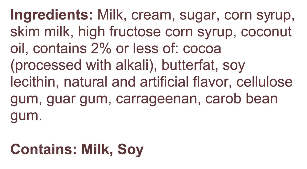 Blue Bell Chocolate Chip Ice Cream Half Gallons Ingredient Listing and Allergens stating 'Contains: Milk, Soy.'