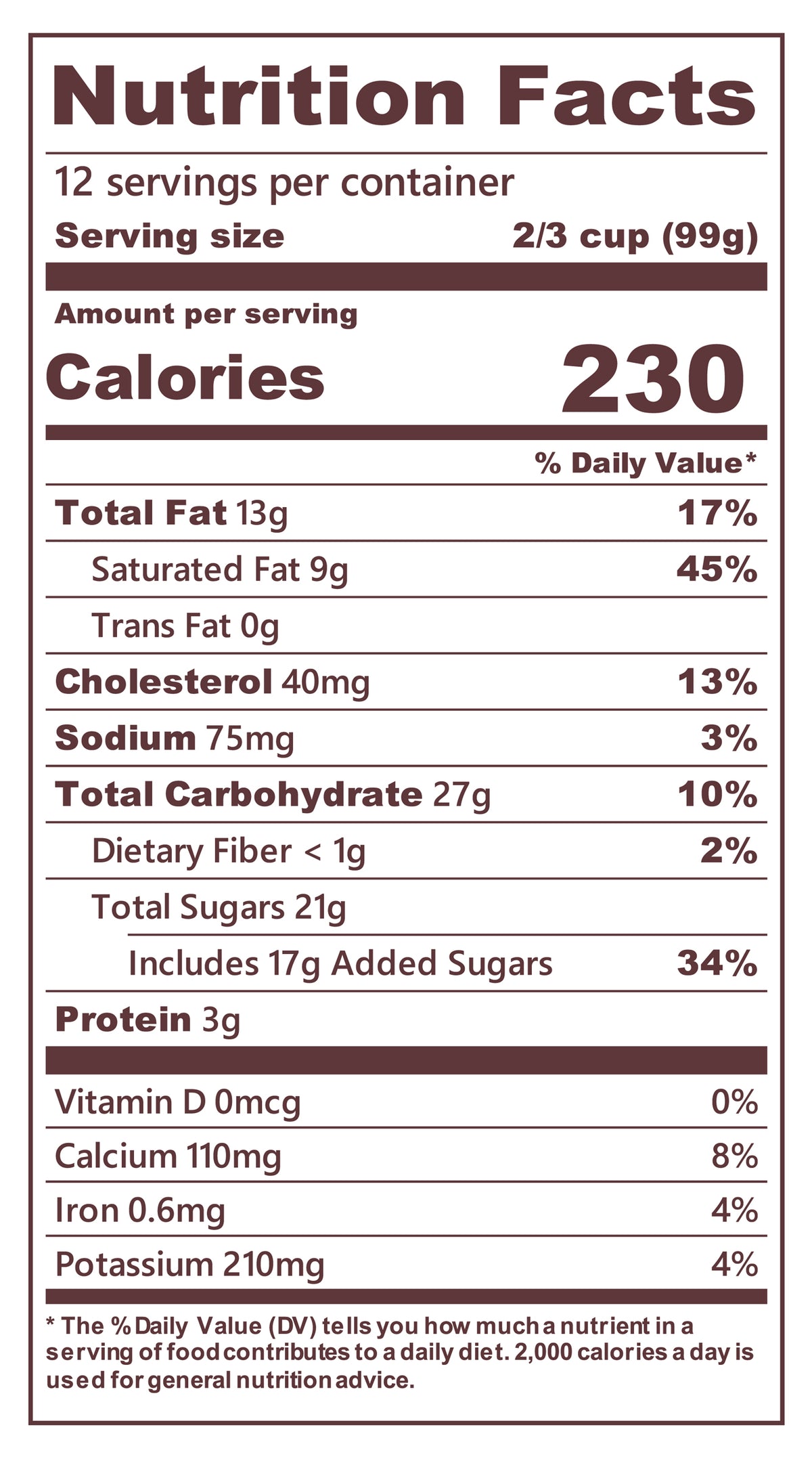 Blue Bell Chocolate Chip Ice Cream Half Gallons Nutrition Facts label showing a serving size of 2/3 cup (99g) with 230 calories, listing nutrients such as total fat, cholesterol, sodium, and protein per serving.