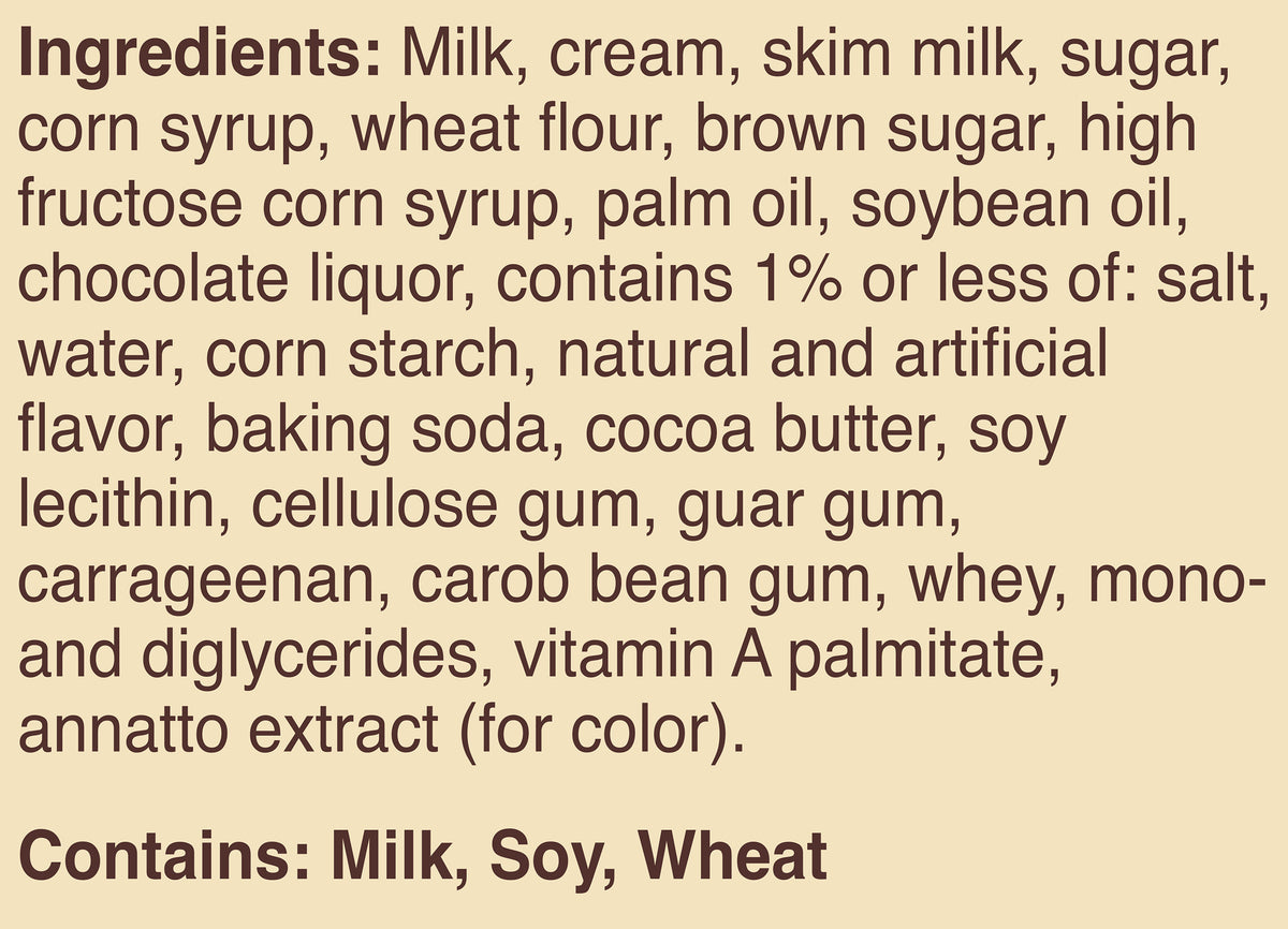 Blue Bell Chocolate Chip Cookie Dough Ice Cream Half Gallons Ingredient Listing and Allergens stating 'Contains: Milk, Soy, Wheat.'