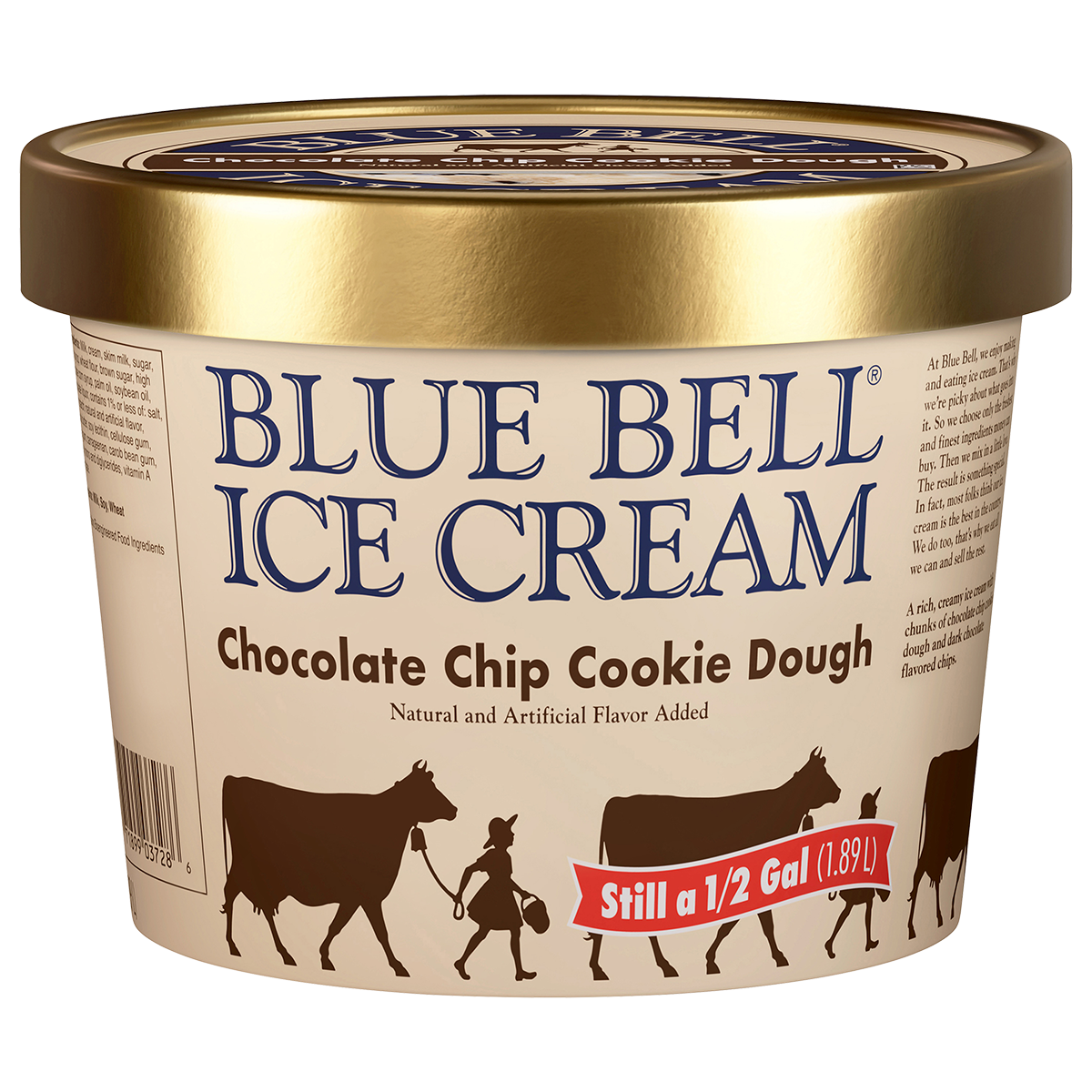 Pint of Blue Bell Chocolate Chip Cookie Dough ice cream in beige carton with gold lid