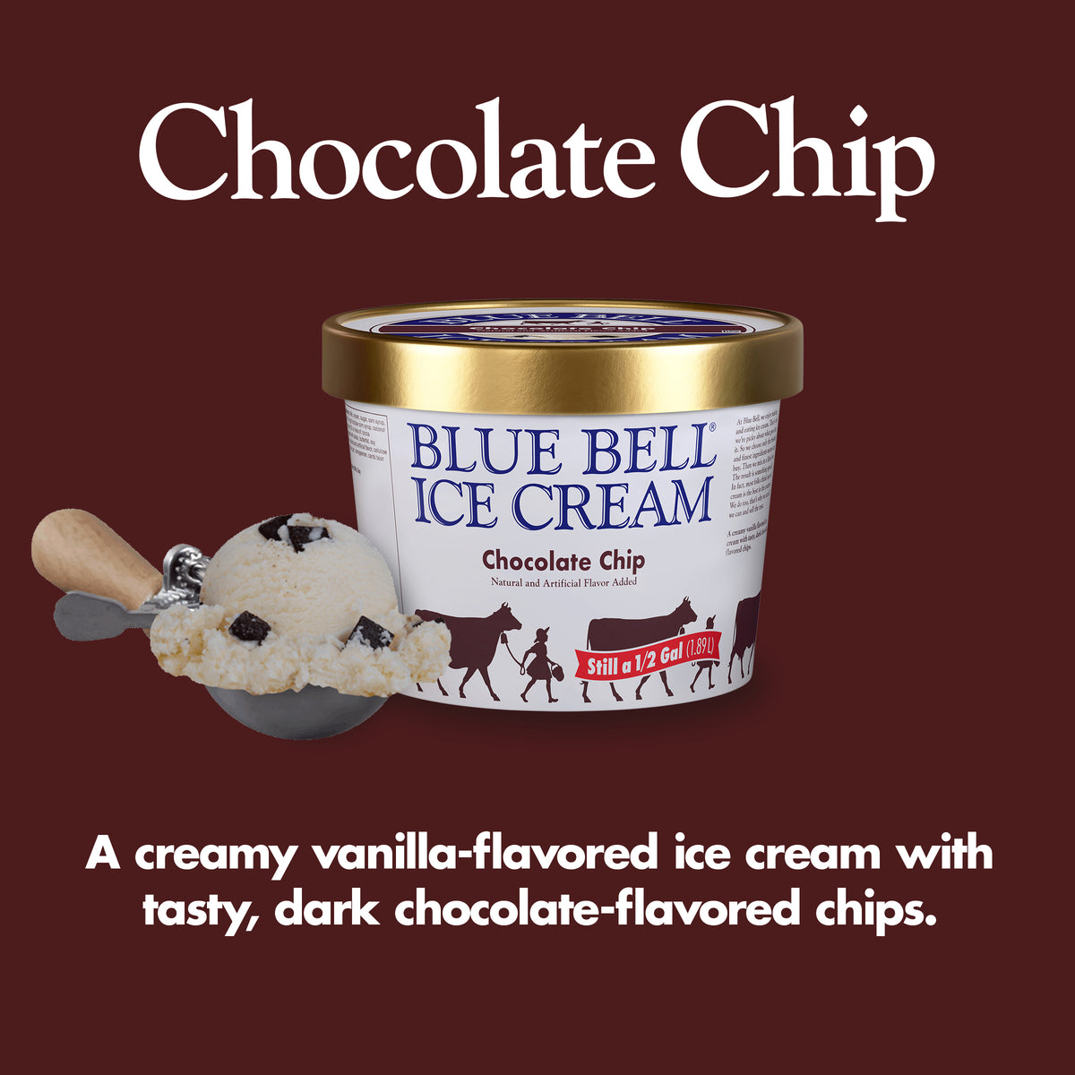Blue Bell Chocolate Chip Cookie Dough Ice Cream Half Gallons Infographic with carton of ice cream, scoop of ice cream in a dipper and flavor description: A rich, creamy ice cream with chunks of chocolate chip cookie dough and dark chocolate-flavored chips.