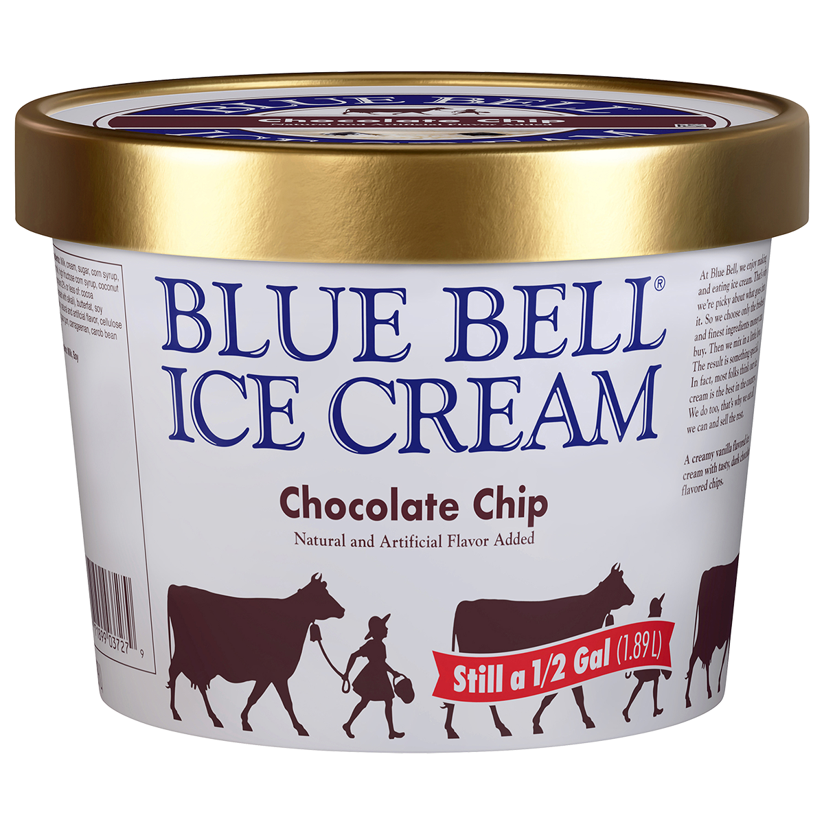 Half gallon of Blue Bell Chocolate Chip ice cream in white carton with gold lid
