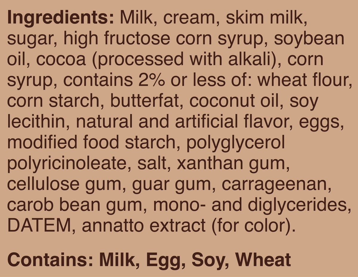 Blue Bell Chocolate Lava Cake Ice Cream Half Gallons Ingredient Listing and Allergens stating 'Contains: Milk, Egg, Soy, Wheat.'