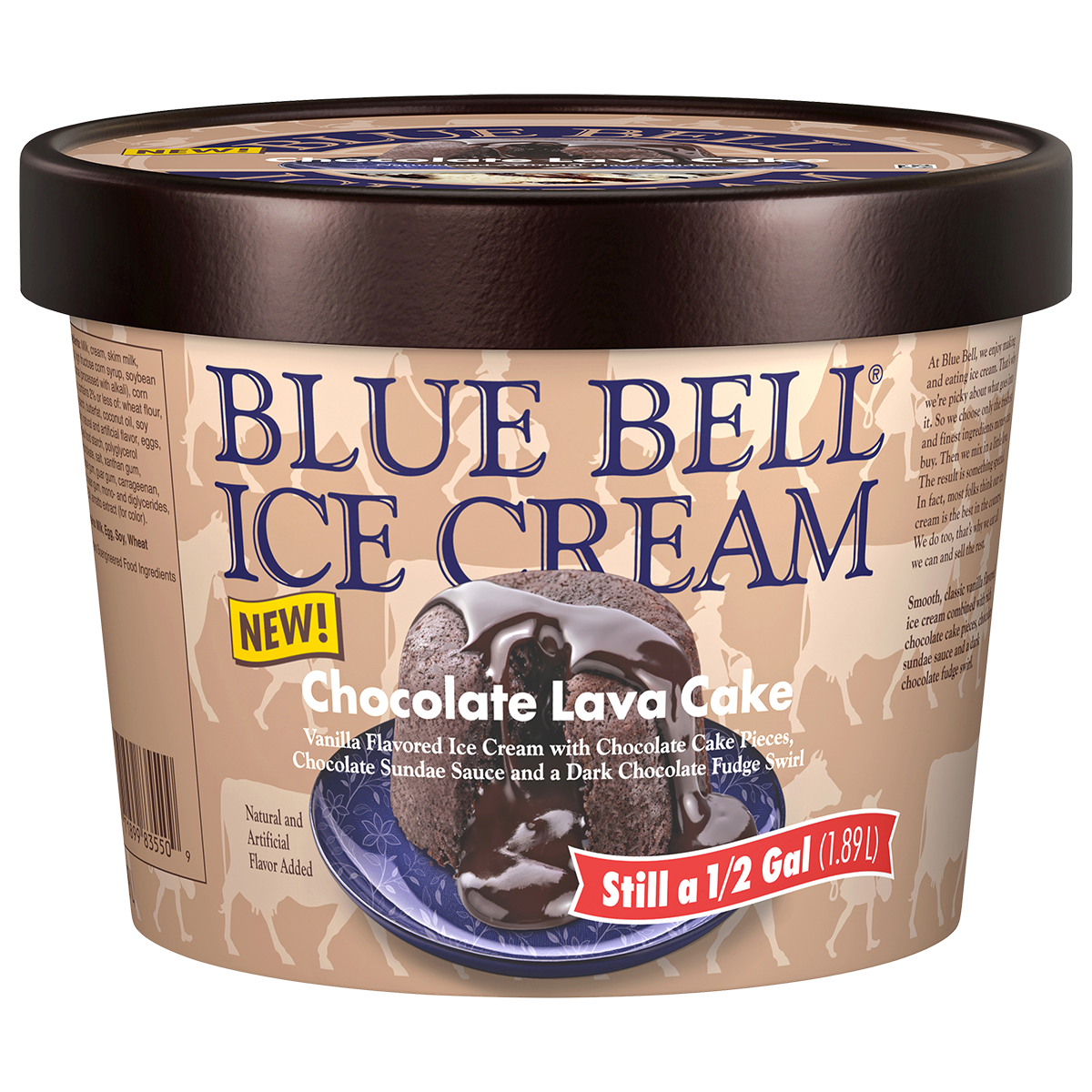 Blue Bell Ice Cream container with chocolate lava cake flavor on a white background