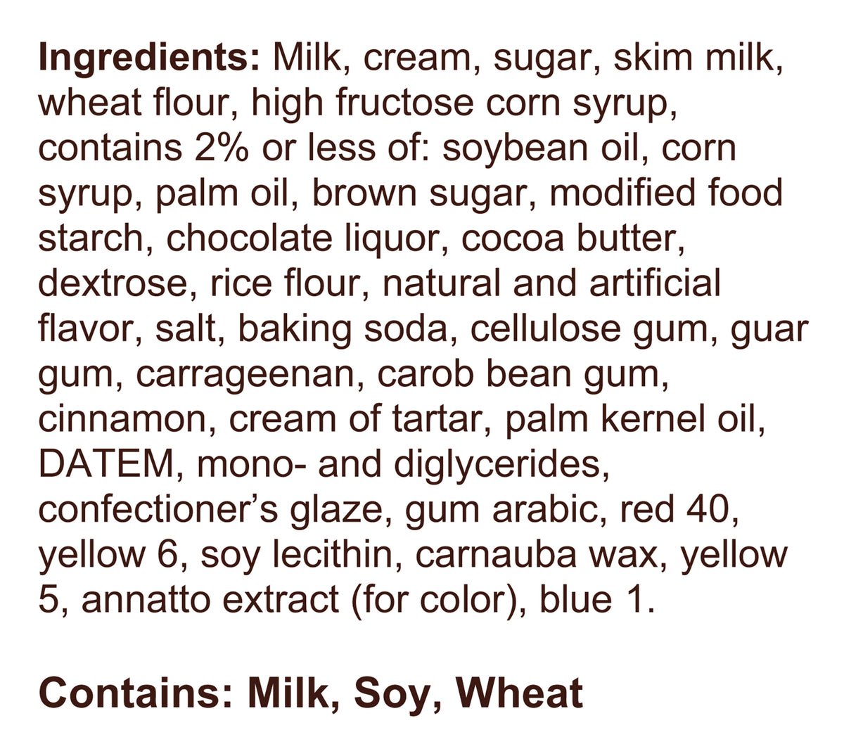 Blue Bell Christmas Cookies Ice Cream Half Gallons Ingredient Listing and Allergens stating 'Contains: Milk, Soy, Wheat.'