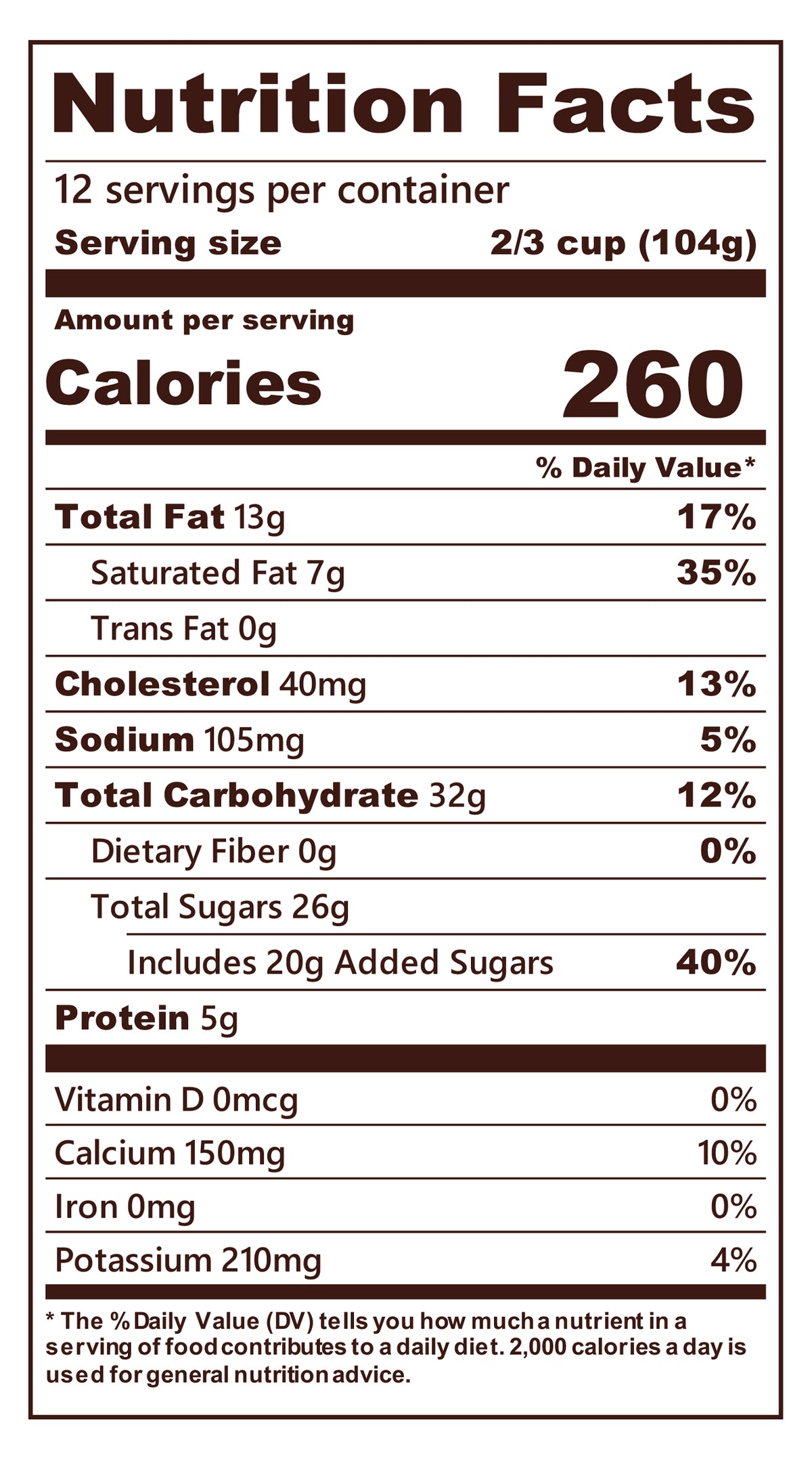 Blue Bell Christmas Cookies Ice Cream Half Gallons Nutrition Facts label showing a serving size of 2/3 cup (104g) with 260 calories, listing nutrients such as total fat, cholesterol, sodium, and protein per serving.