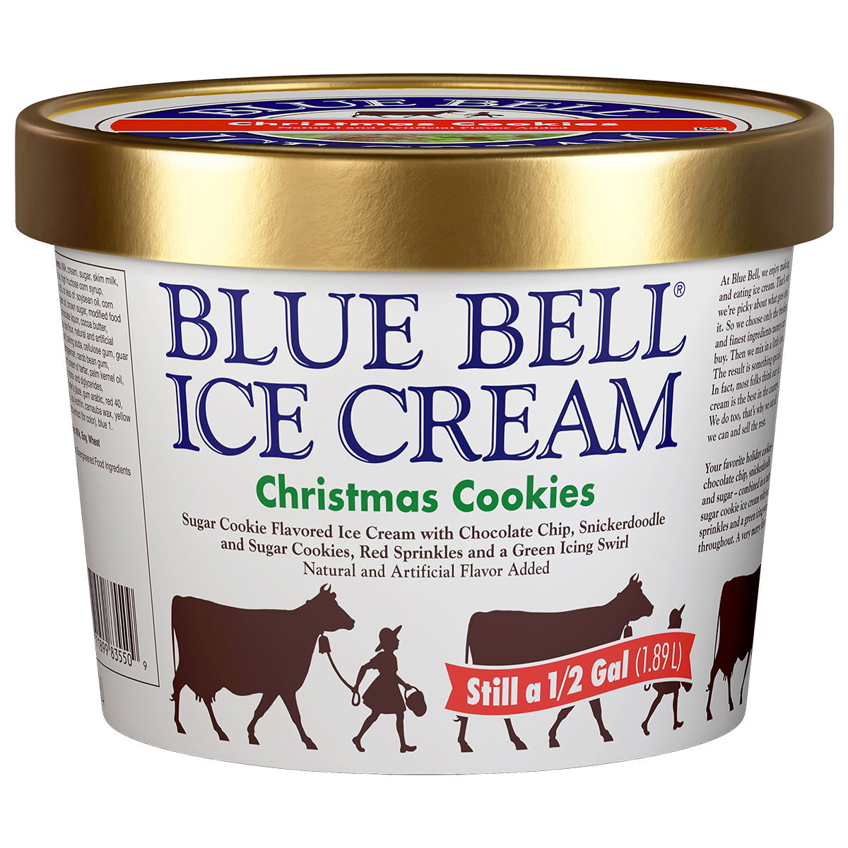 Half gallon of Blue Bell Christmas Cookies in white carton with gold lid