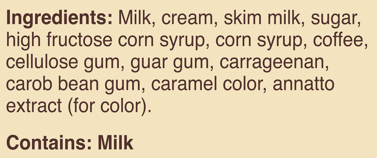 Blue Bell Coffee Ice Cream Half Gallons Ingredient Listing and Allergens stating 'Contains: Milk.'
