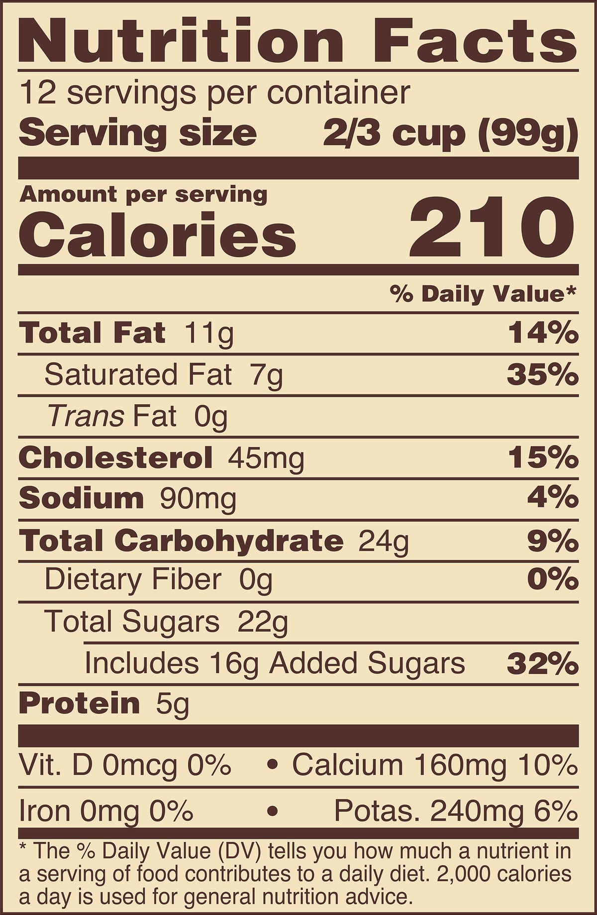 Blue Bell Coffee Ice Cream Half Gallons Nutrition Facts label showing a serving size of 2/3 cup (99g) with 210 calories, listing nutrients such as total fat, cholesterol, sodium, and protein per serving.