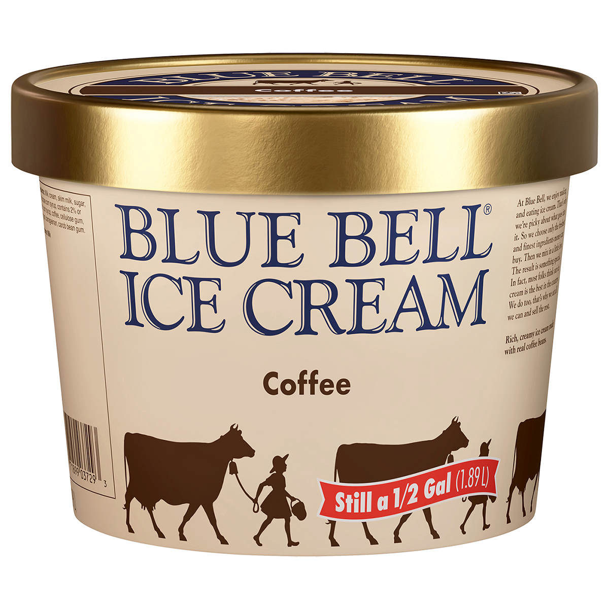 Half gallon of Blue Bell Coffee ice cream in beige carton with gold lid