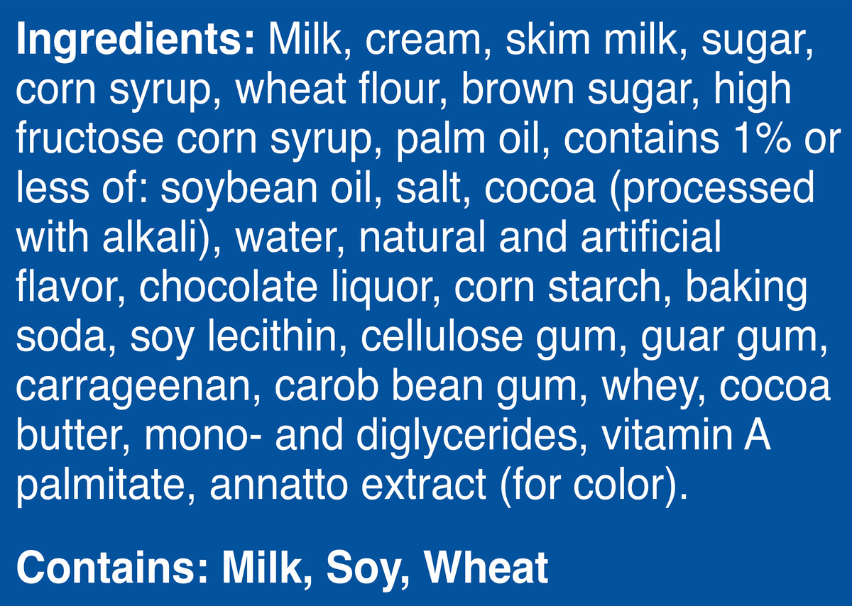 Blue Bell Cookie Two Step Ice Cream Half Gallons Ingredient Listing and Allergens stating 'Contains: Milk, Soy, Wheat.'