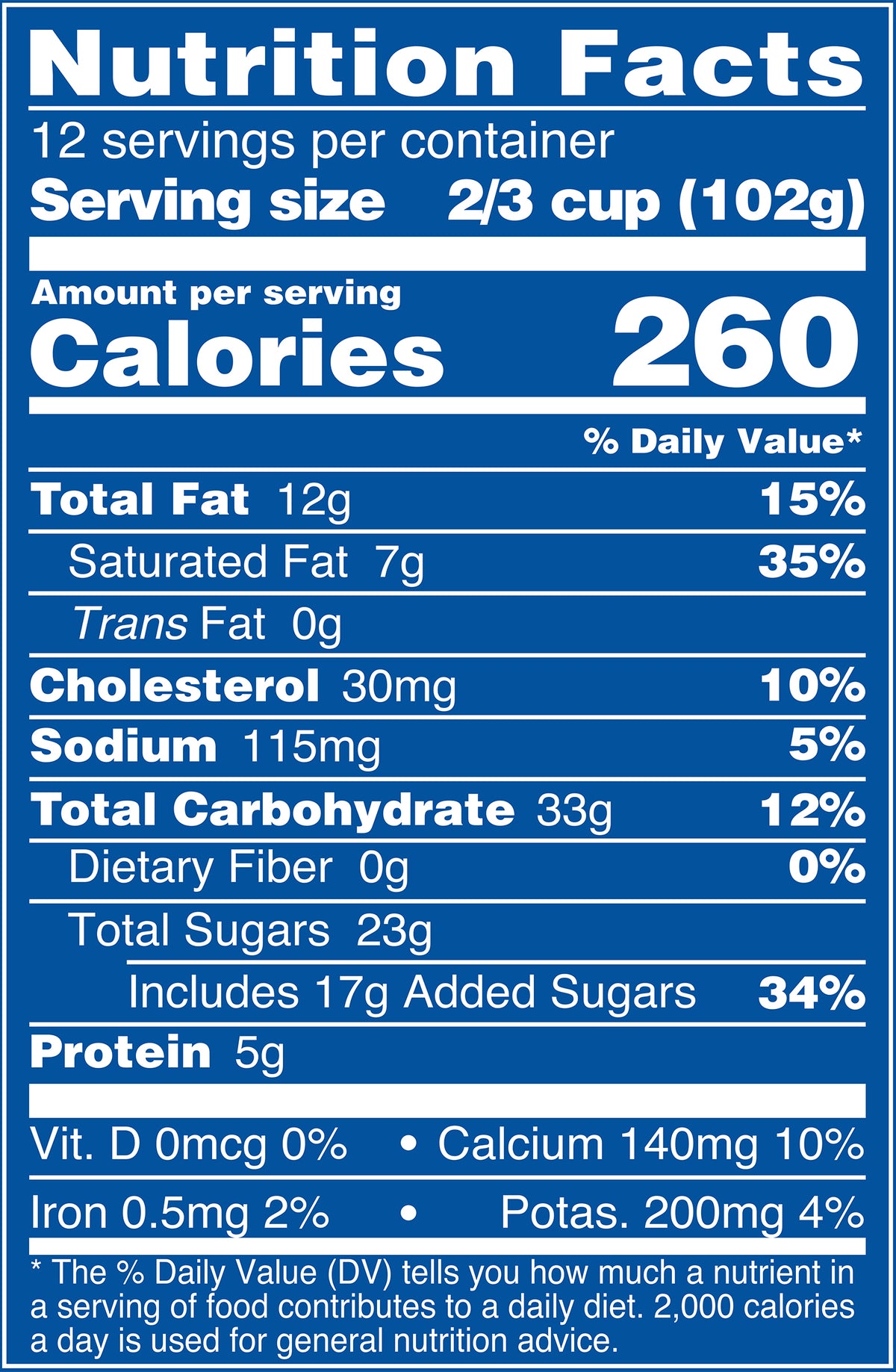 Blue Bell Cookie Two Step Ice Cream Half Gallons Nutrition Facts label showing a serving size of 2/3 cup (102g) with 260 calories, listing nutrients such as total fat, cholesterol, sodium, and protein per serving.