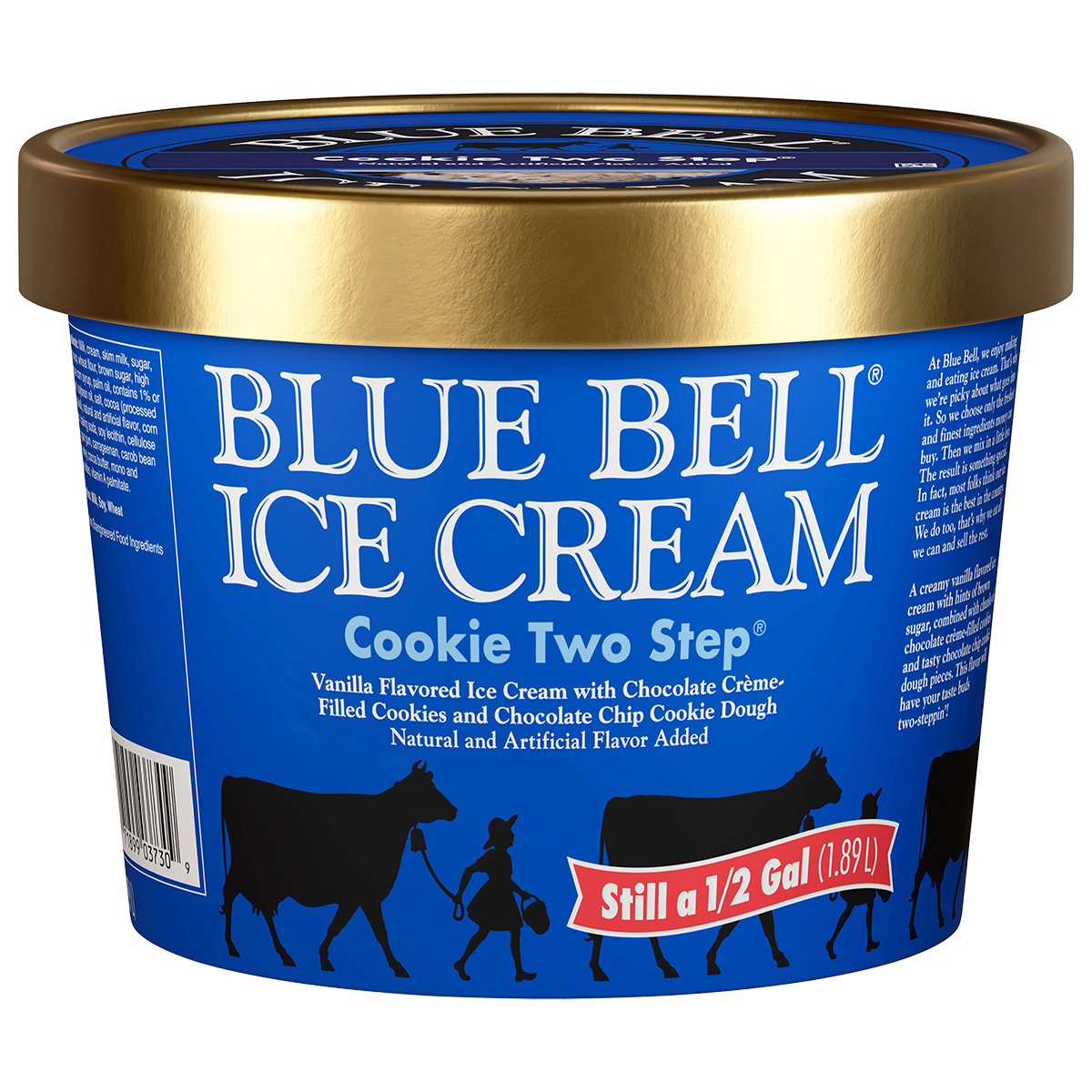 Half gallon of Blue Bell Cookie Two Step ice cream in blue carton with gold lid