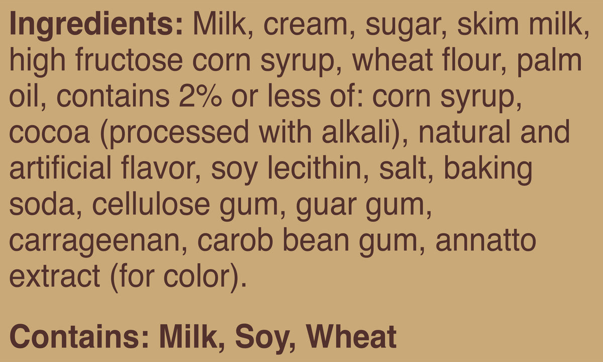 Blue Bell Cookies 'n Cream Ice Cream Half Gallons Ingredient Listing and Allergens stating 'Contains: Milk, Soy, Wheat.'