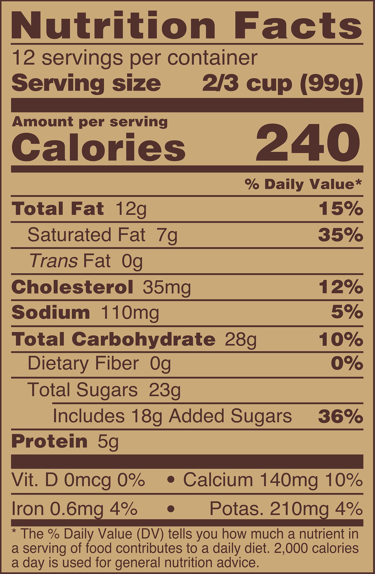 Blue Bell Cookies 'n Cream Ice Cream Half Gallons Nutrition Facts label showing a serving size of 2/3 cup (99g) with 240 calories, listing nutrients such as total fat, cholesterol, sodium, and protein per serving.