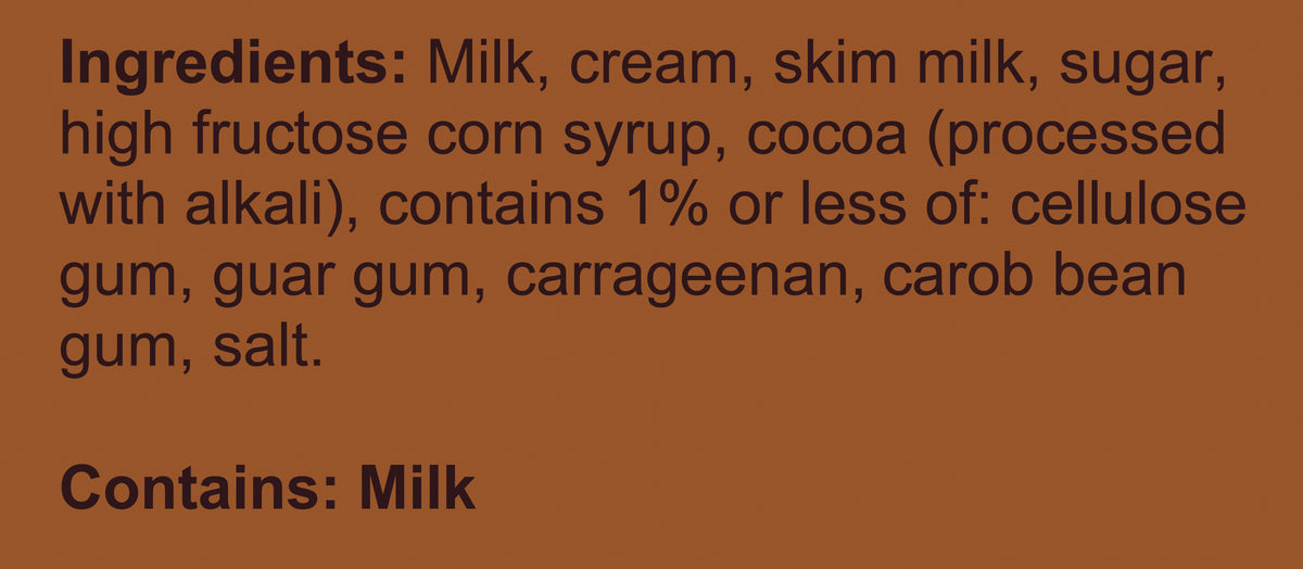 Blue Bell Dutch Chocolate Ice Cream Half Gallons Ingredient Listing and Allergens stating 'Contains: Milk.'