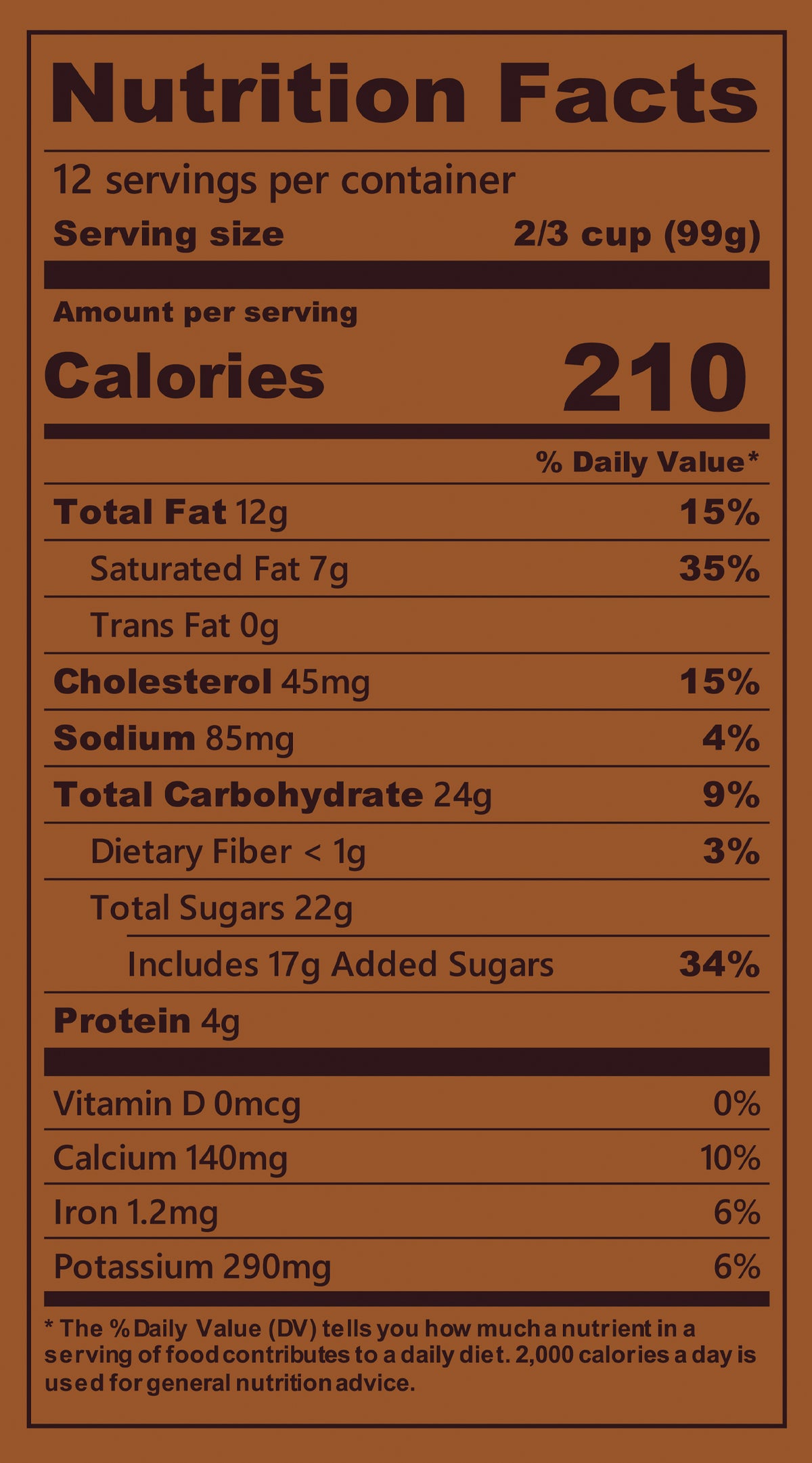Blue Bell Dutch Chocolate Ice Cream Half Gallons Nutrition Facts label showing a serving size of 2/3 cup (99g) with 210 calories, listing nutrients such as total fat, cholesterol, sodium, and protein per serving.