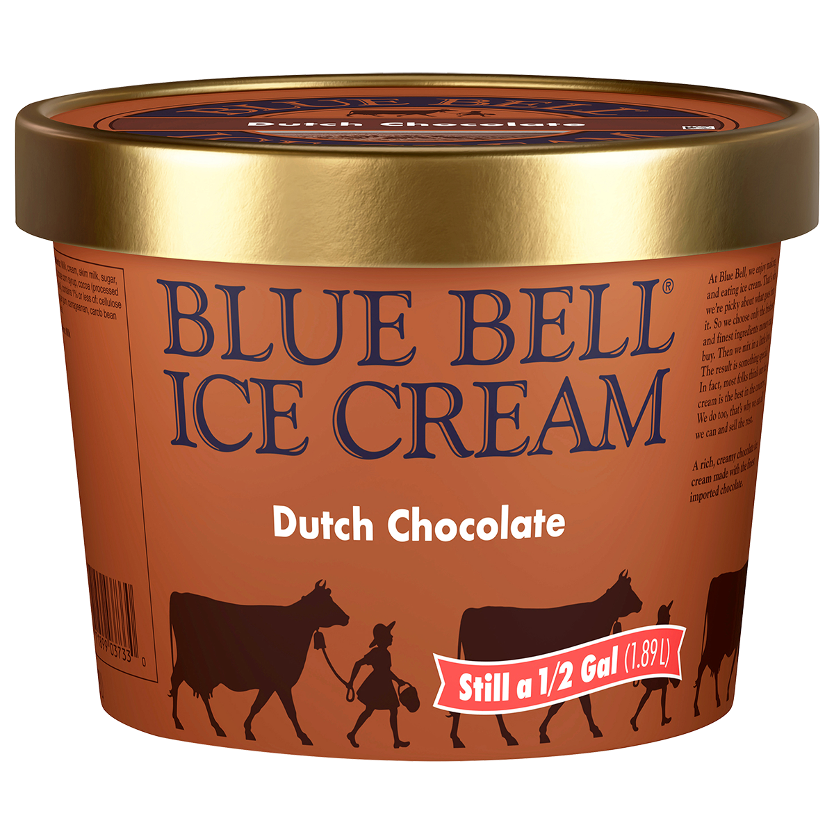 Half gallon of Blue Bell Dutch Chocolate ice cream in brown carton with gold lid