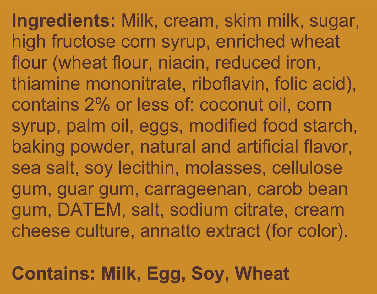 Blue Bell Gooey Butter Cake Ice Cream Half Gallons Ingredient Listing and Allergens stating 'Contains: Milk, Egg, Soy, Wheat.'
