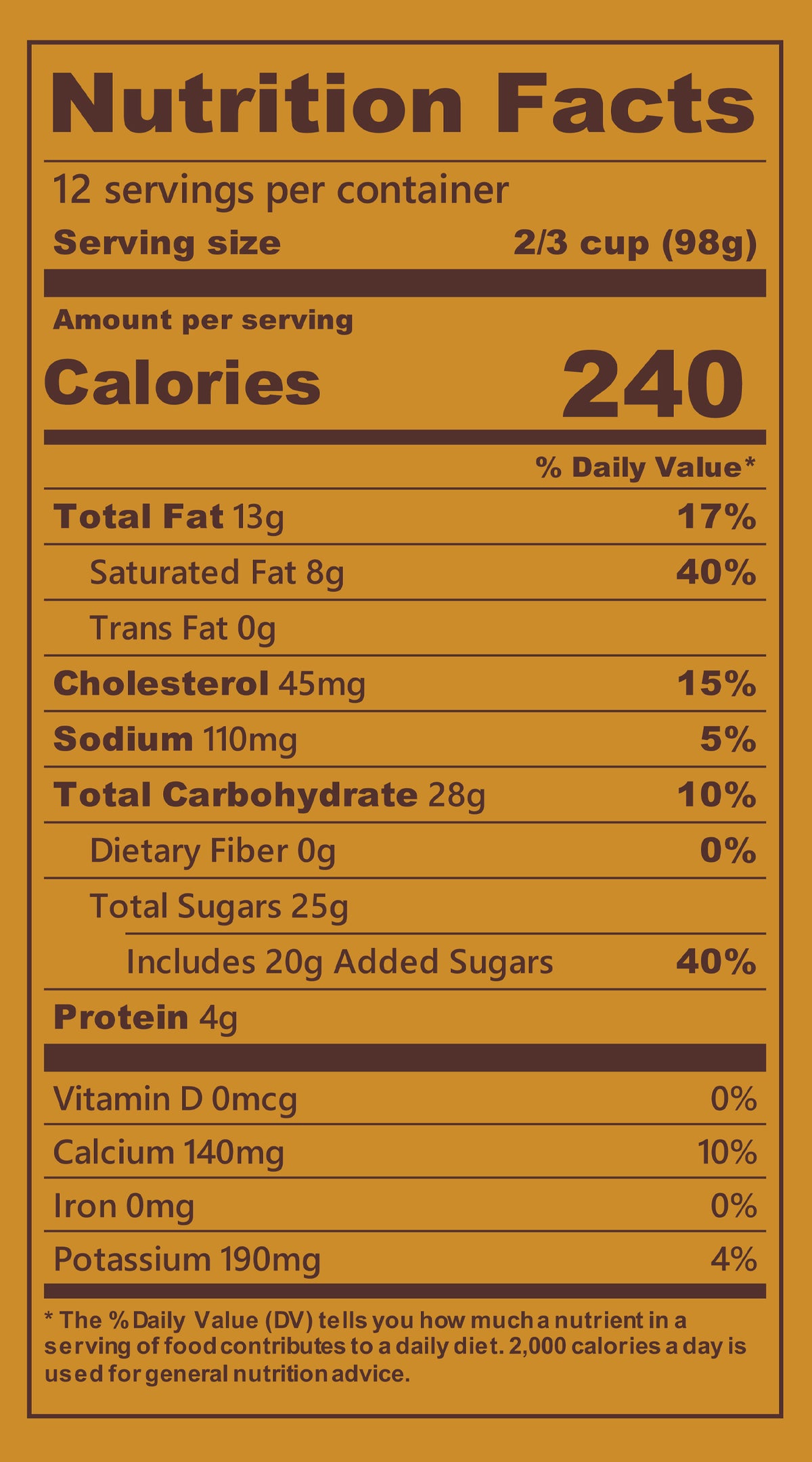 Blue Bell Gooey Butter Cake Ice Cream Half Gallons Nutrition Facts label showing a serving size of 2/3 cup (98g) with 240 calories, listing nutrients such as total fat, cholesterol, sodium, and protein per serving.