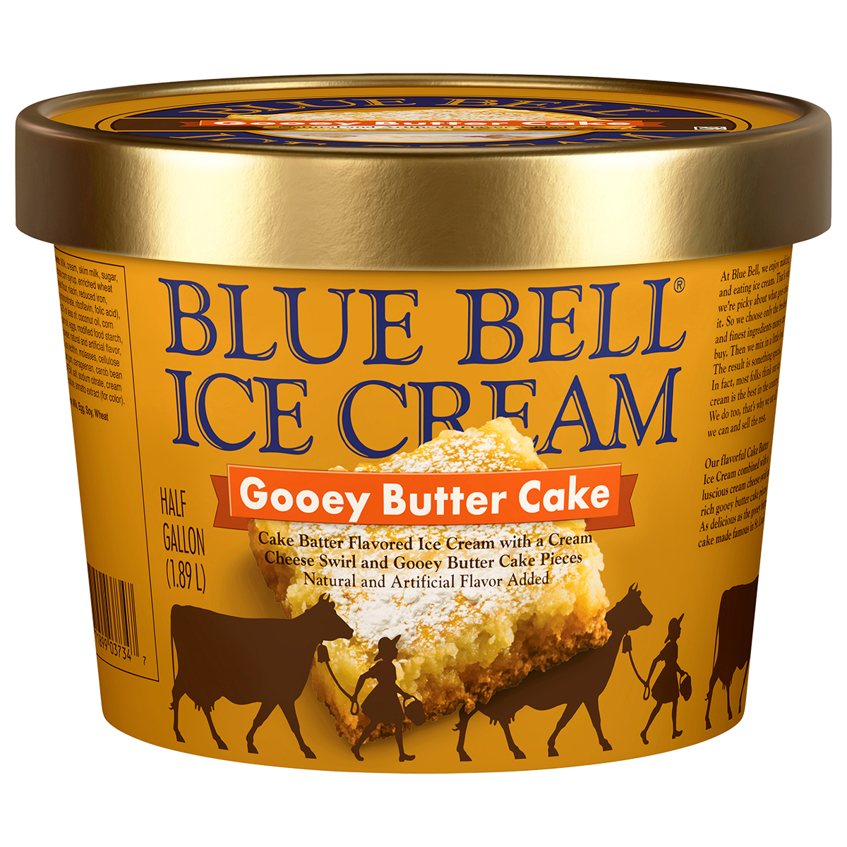 Half gallon of Blue Bell Gooey Butter Cake ice cream in orange carton with gooey butter cake with gold lid