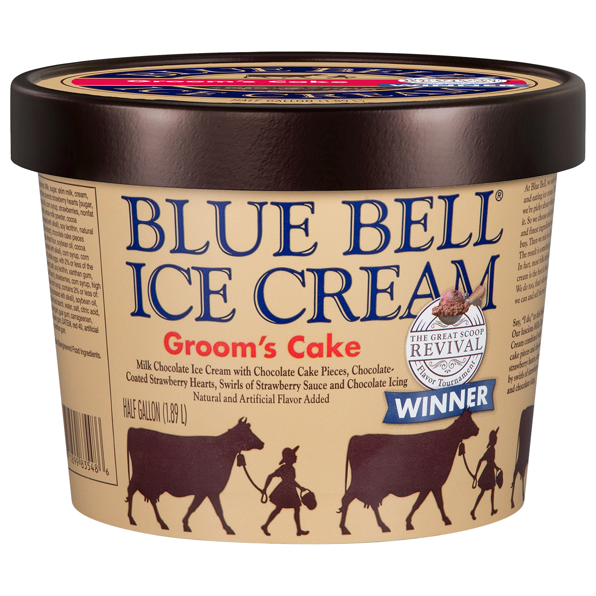 Half gallon of Blue Bell Groom's Cake ice cream in brown carton with brown lid