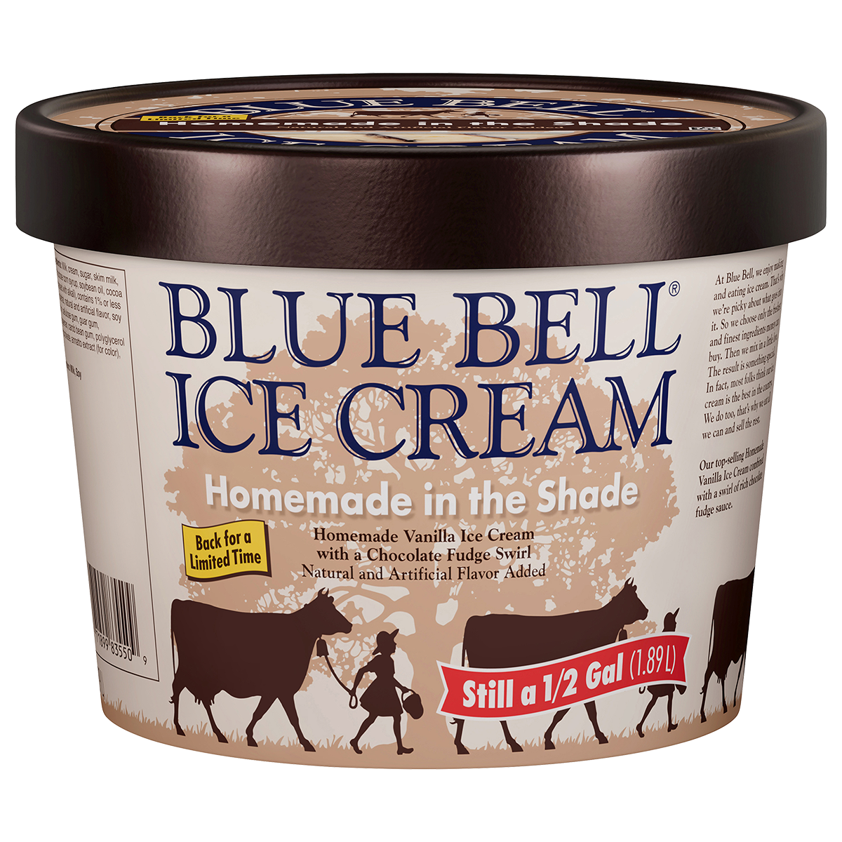 Half gallon of Blue Bell Homemade in the Shade ice cream in beige carton with tree silhouette with brown lid
=