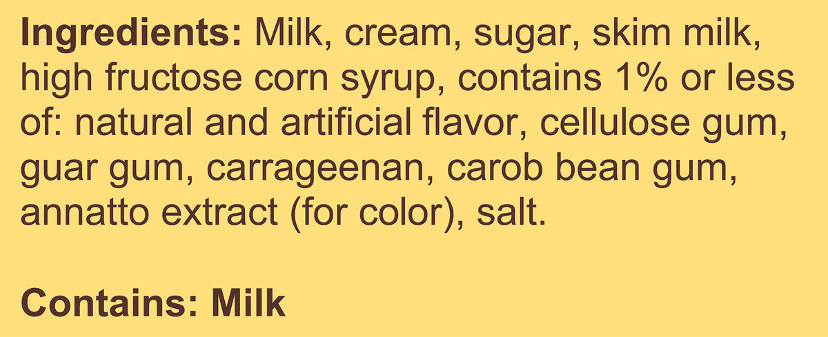 Blue Bell Homemade Vanilla Ice Cream Half Gallons Ingredient Listing and Allergens stating 'Contains: Milk.'