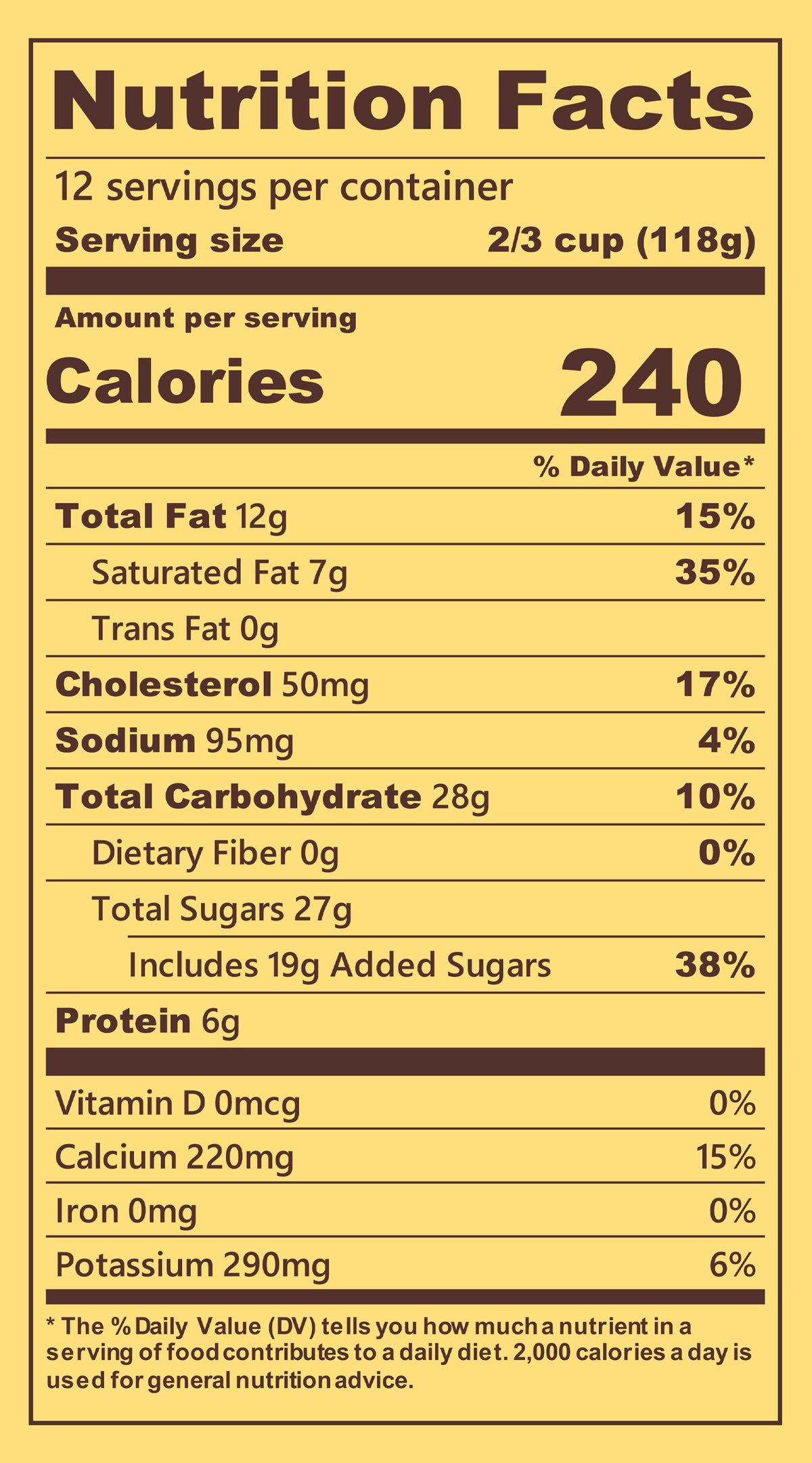 Blue Bell Homemade Vanilla Ice Cream Half Gallons Nutrition Facts label showing a serving size of 2/3 cup (118g) with 240 calories, listing nutrients such as total fat, cholesterol, sodium, and protein per serving.