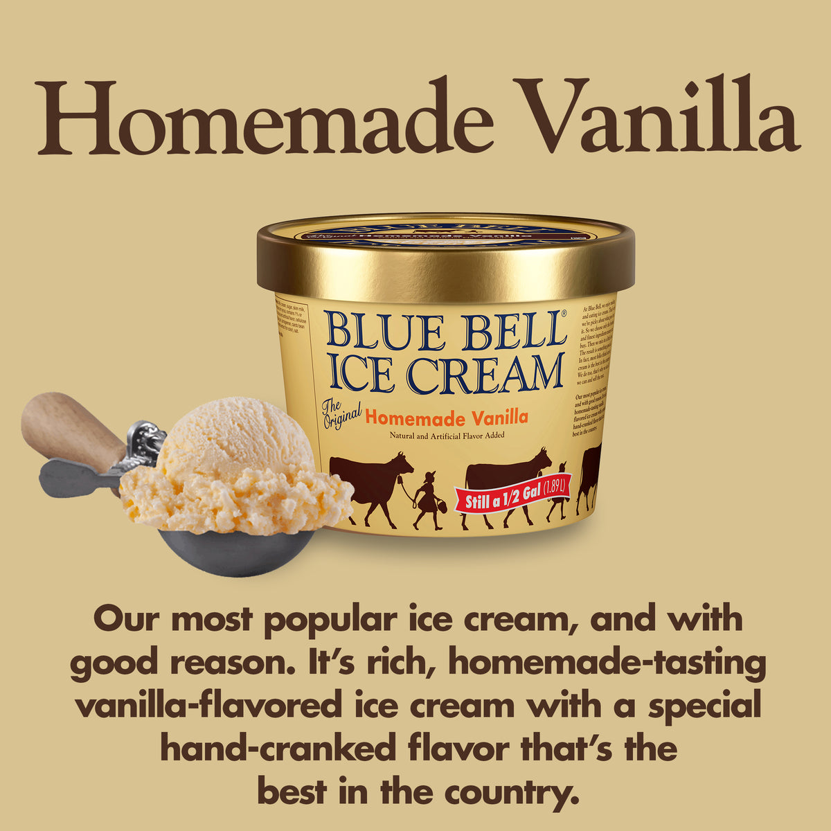 Blue Bell Homemade Vanilla Ice Cream Half Gallons Infographic with carton of ice cream, scoop of ice cream in a dipper and flavor description: Our most popular ice cream and with good reason. It's rich, homemade-tasting vanilla-flavored ice cream with a special hand-cranked flavor that's the best in the country. 