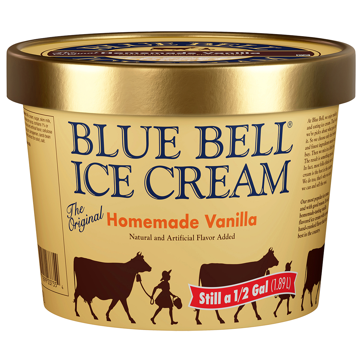 Half gallon of Blue Bell Homemade Vanilla ice cream in beige carton with gold lid