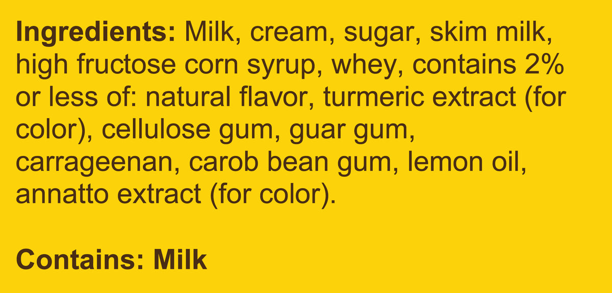 Blue Bell Lemon Ice Cream Half Gallons Ingredient Listing and Allergens stating 'Contains: Milk.'