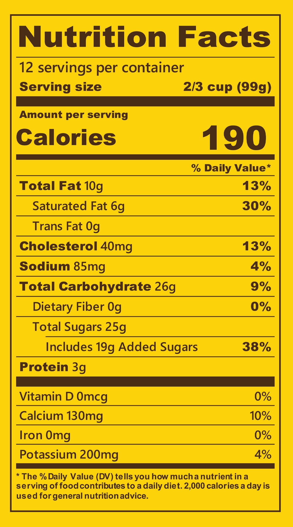 Blue Bell Lemon Ice Cream Half Gallons Nutrition Facts label showing a serving size of 2/3 cup (99g) with 190 calories, listing nutrients such as total fat, cholesterol, sodium, and protein per serving.