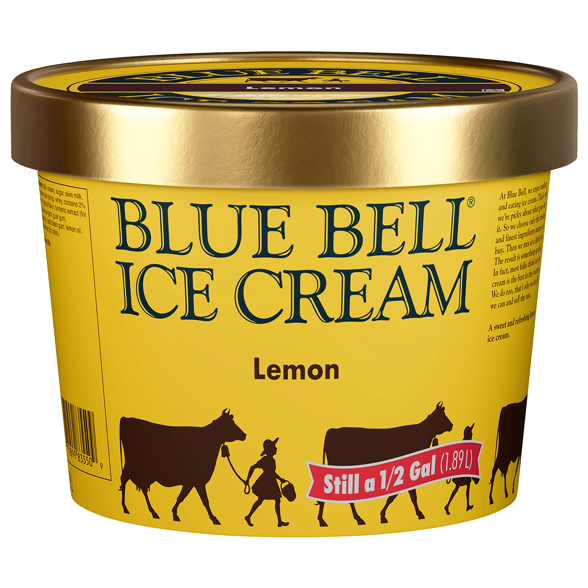 Half gallon of Blue Bell Lemon ice cream in yellow carton with gold lid