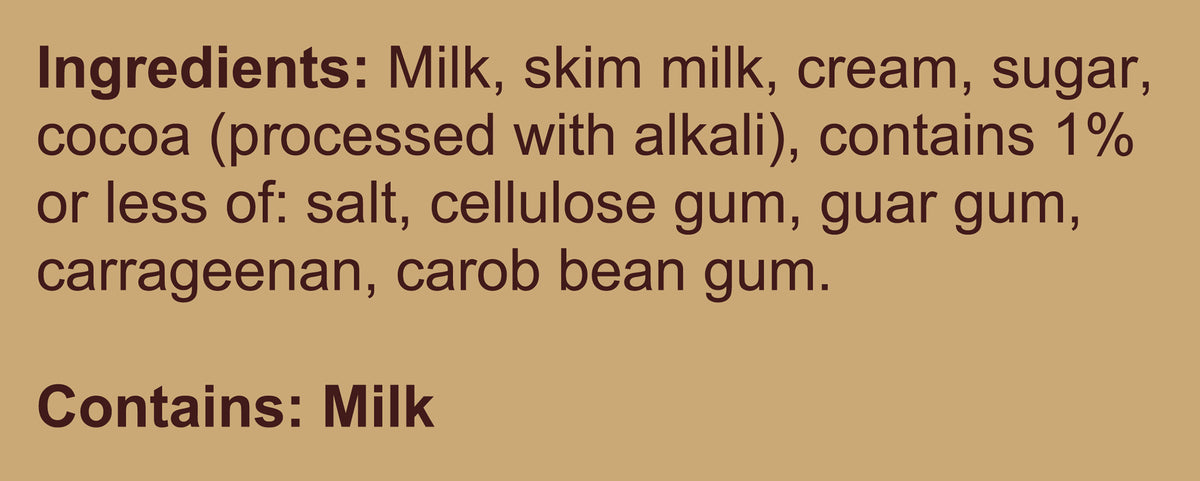 Blue Bell Milk Chocolate Ice Cream Half Gallons Ingredient Listing and Allergens stating 'Contains: Milk.'