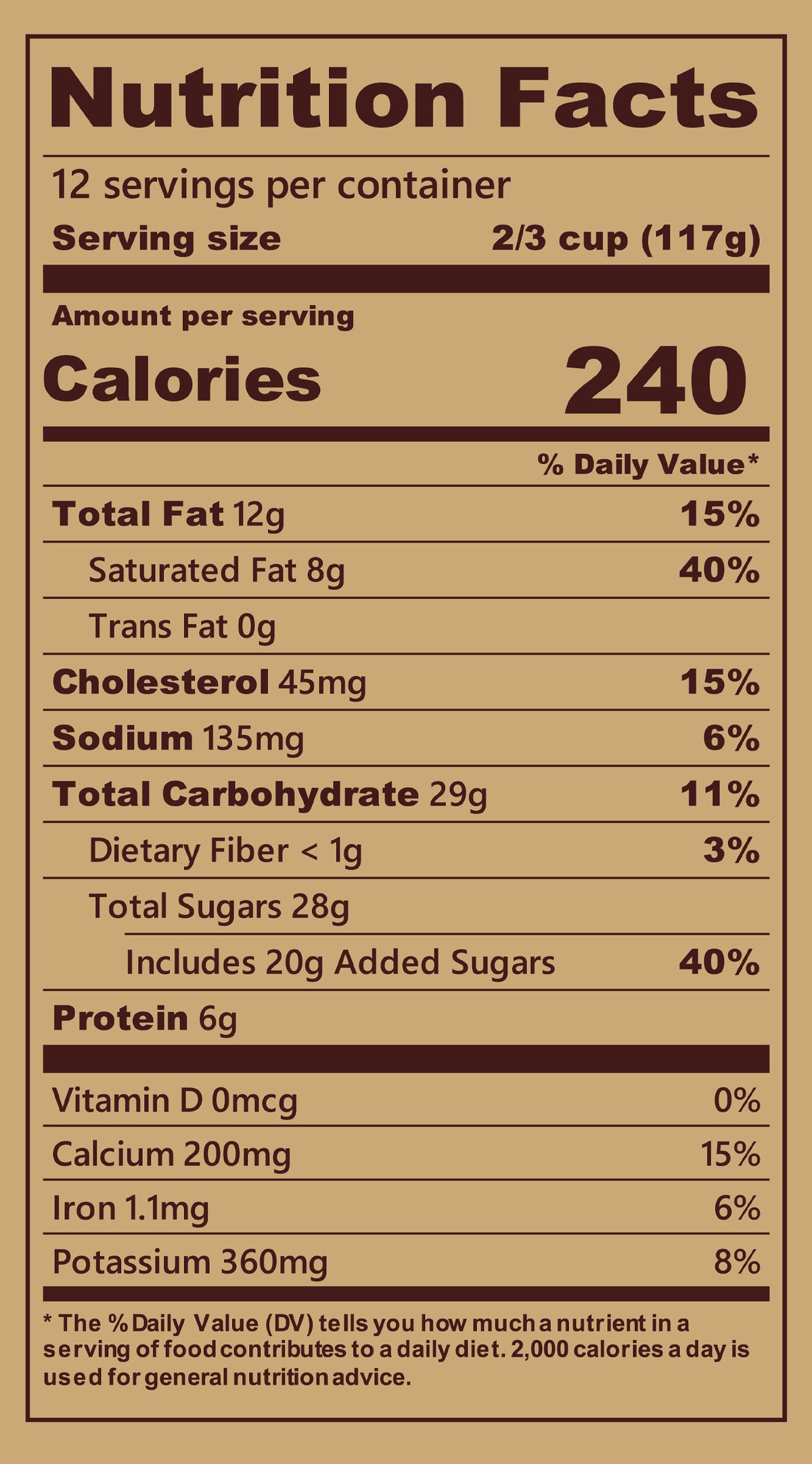 Blue Bell Milk Chocolate Ice Cream Half Gallons Nutrition Facts label showing a serving size of 2/3 cup (117g) with 240 calories, listing nutrients such as total fat, cholesterol, sodium, and protein per serving.
