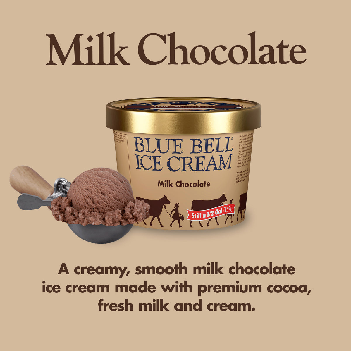 Blue Bell Milk Chocolate Ice Cream Half Gallons Nutrition Facts label showing a serving size of 2/3 cup (117g) with 240 calories, listing nutrients such as total fat, cholesterol, sodium, and protein per serving.