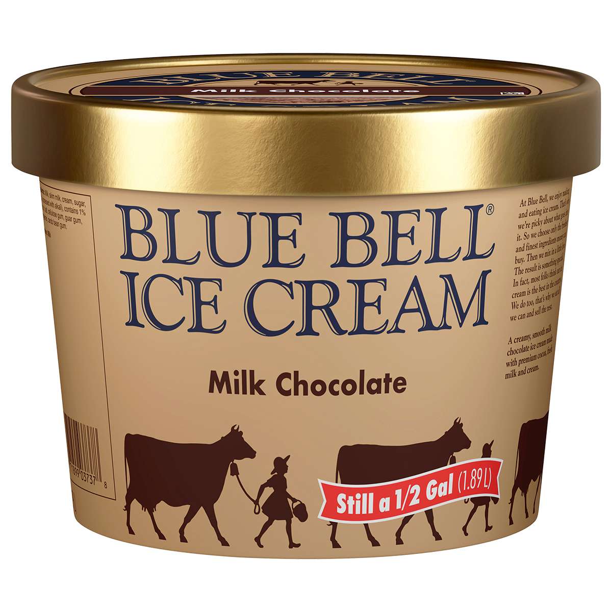 Half gallon of Blue Bell Milk Chocolate ice cream in tan carton with gold lid