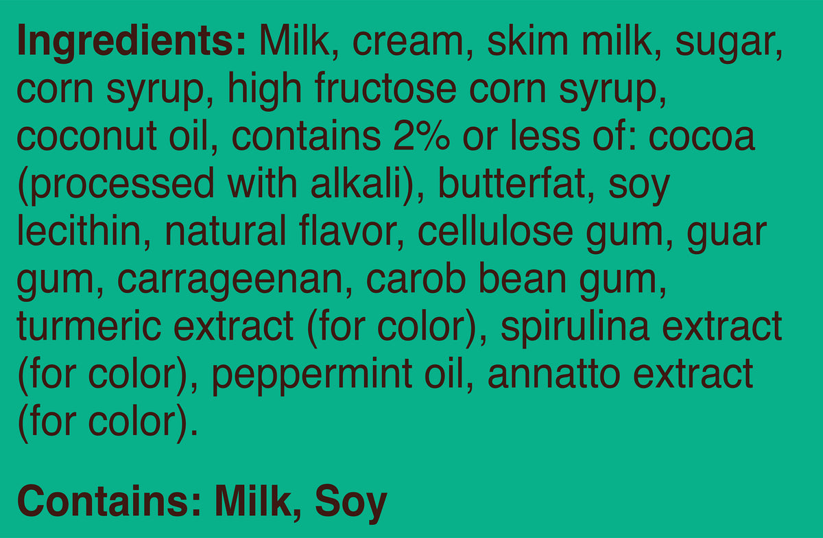 Blue Bell Mint Chocolate Chip Ice Cream Half Gallons Ingredient Listing and Allergens stating 'Contains: Milk, Soy.'