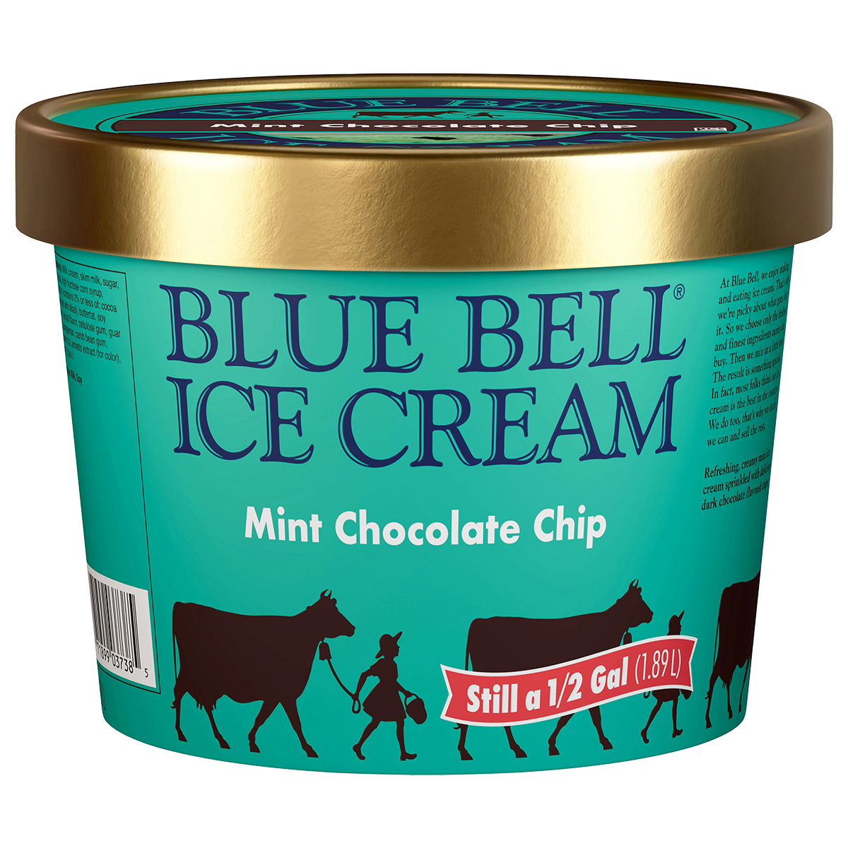 Half gallon of Blue Bell Mint Chocolate Chip ice cream in green carton with gold lid