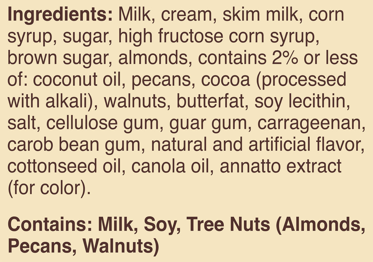 Blue Bell Moo-llennium Crunch Ice Cream Half Gallons Ingredient Listing and Allergens stating 'Contains: Milk, Soy, Tree Nuts (Almonds, Pecans, Walnuts).'