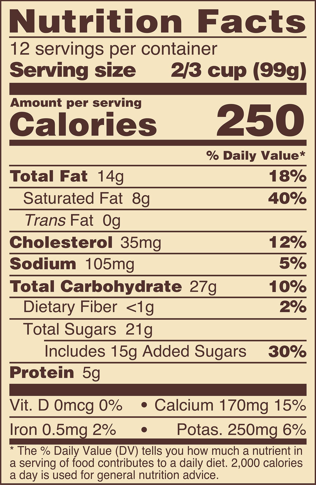 Blue Bell Moo-llennium Crunch Ice Cream Half Gallons Nutrition Facts label showing a serving size of 2/3 cup (99g) with 250 calories, listing nutrients such as total fat, cholesterol, sodium, and protein per serving.