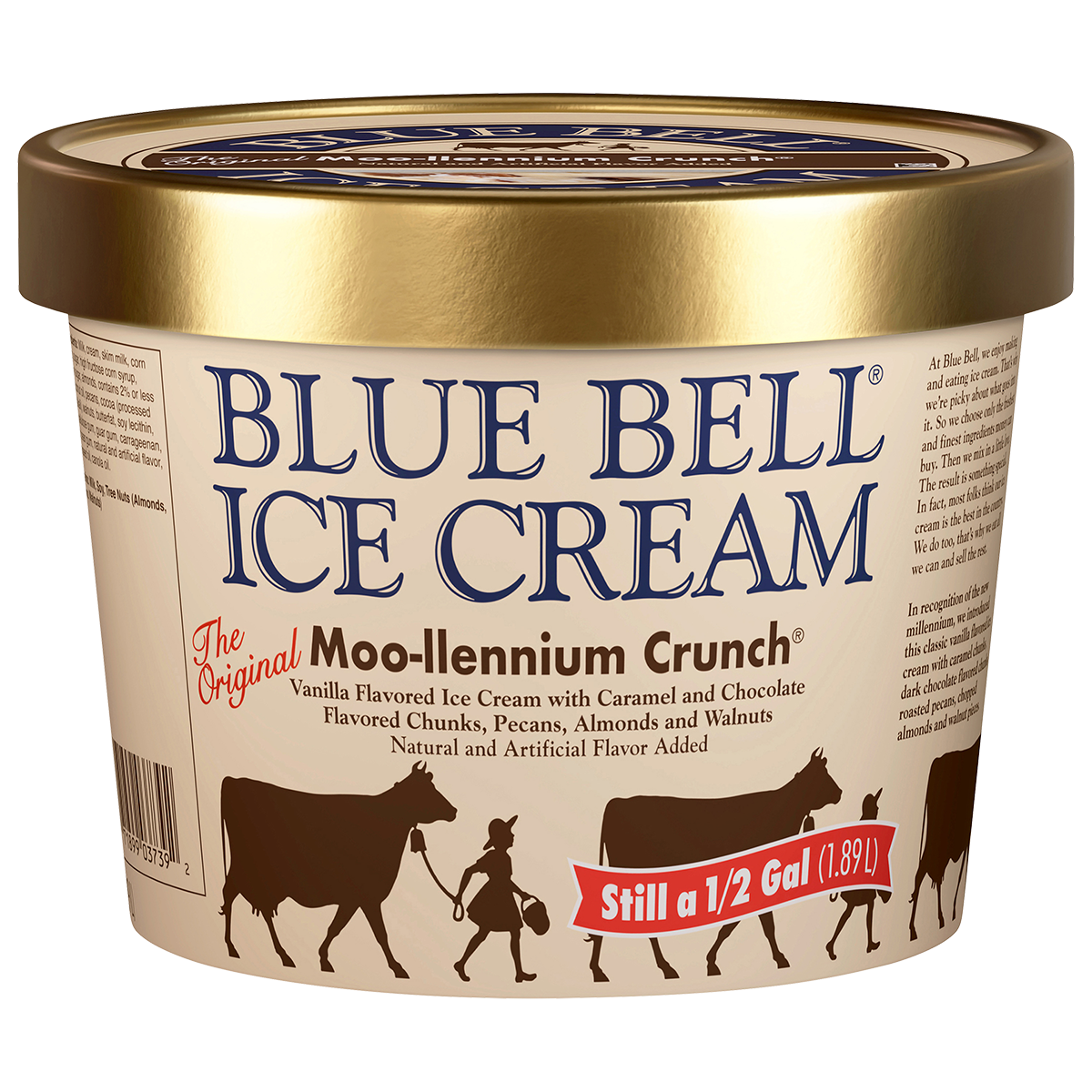 Half gallon of Blue Bell Moo-llennium Crunch ice cream in tan carton with gold lid