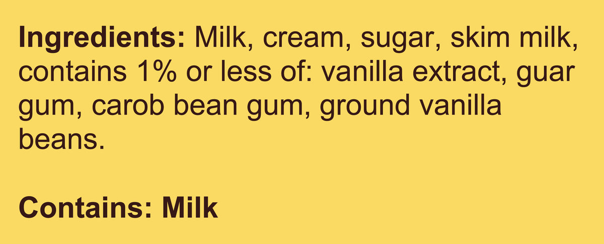 Blue Bell Natural Vanilla Bean Ice Cream Half Gallons Ingredient Listing and Allergens stating 'Contains: Milk.'